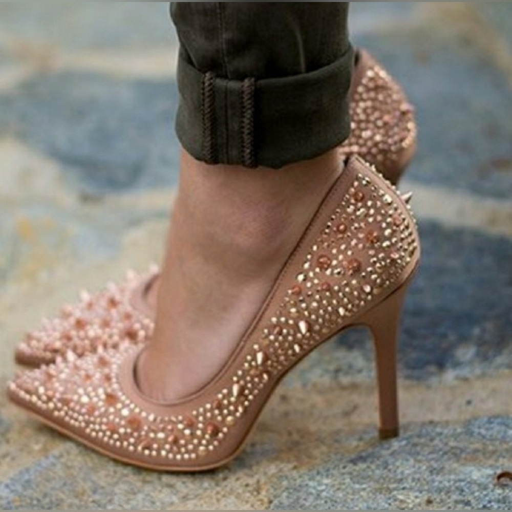 EUC Sam Edelman Spiked Pixie Embellished Pumps Rose Gold(Pewter Satin)| Size 6.5